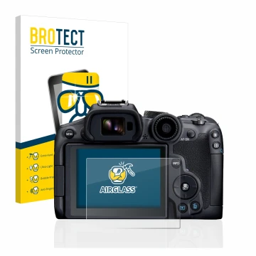 Front side of a product packaging with the brand logo BROTECT. Next to it is the device Canon EOS R7 shown with the correspond