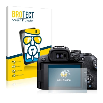 Front side of a product packaging with the brand logo BROTECT. Next to it is the device Canon EOS R10 shown with the correspon