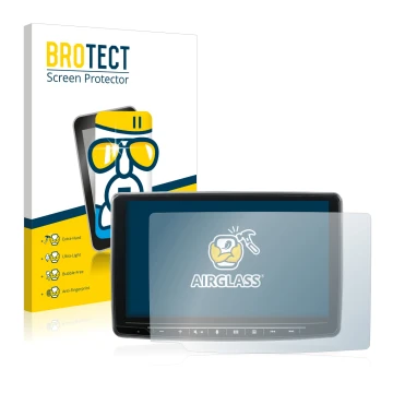 Front side of a product packaging with the brand logo BROTECT. Next to it is the device Alpine INE-F904DC shown with the corre