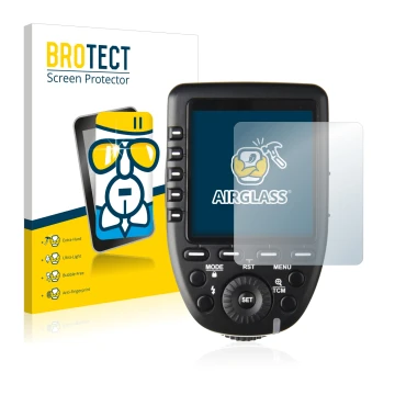 Front side of a product packaging with the brand logo BROTECT. Next to it is the device Godox XPro shown with the correspondin