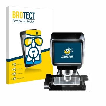 Front side of a product packaging with the brand logo BROTECT. Next to it is the device Keyence LM-1100 Glass plate shown with