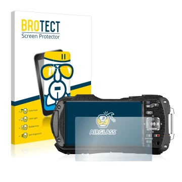 Front side of a product packaging with the brand logo BROTECT. Next to it is the device Ricoh WG-80 shown with the correspondi