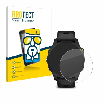 Front side of a product packaging with the brand logo BROTECT. Next to it is the device Garmin Forerunner 255 shown with the c