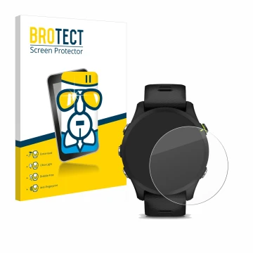 Front side of a product packaging with the brand logo BROTECT. Next to it is the device Garmin Forerunner 255 Music shown with