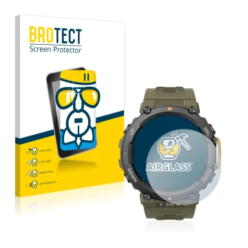 Front side of a product packaging with the brand logo BROTECT. Next to it is the device Huami Amazfit T-Rex 2 shown with the c