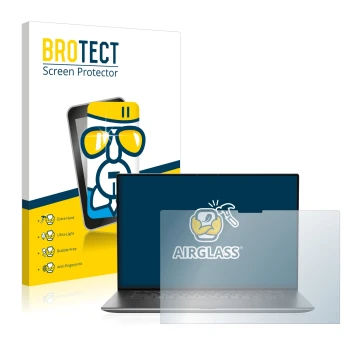 Front side of a product packaging with the brand logo BROTECT. Next to it is the device Dell Precision 5570 Touch shown with t