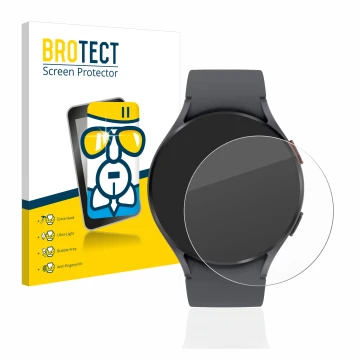 Front side of a product packaging with the brand logo BROTECT. Next to it is the device Samsung Galaxy Watch 5 (44mm) shown wi