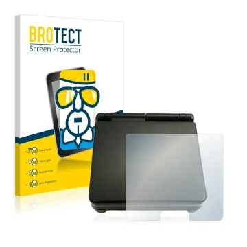 Front side of a product packaging with the brand logo BROTECT. Next to it is the device Nintendo Gameboy Advance SP (housing) 