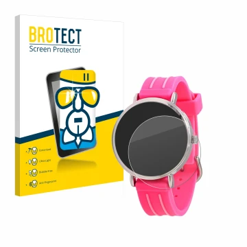 Front side of a product packaging with the brand logo BROTECT. Next to it is the device Kiddus Children's Learning Watch shown