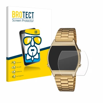 Front side of a product packaging with the brand logo BROTECT. Next to it is the device Casio Retro B640WB shown with the corr