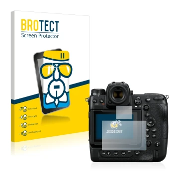 Front side of a product packaging with the brand logo BROTECT. Next to it is the device Nikon Z 9 (Display + top plate display