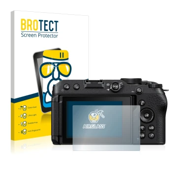 Front side of a product packaging with the brand logo BROTECT. Next to it is the device Nikon Z 30 shown with the correspondin