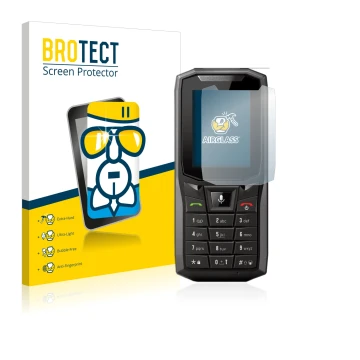 Front side of a product packaging with the brand logo BROTECT. Next to it is the device Crosscall Core-S4 shown with the corre