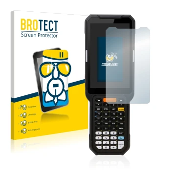 Front side of a product packaging with the brand logo BROTECT. Next to it is the device Point Mobile PM451 shown with the corr