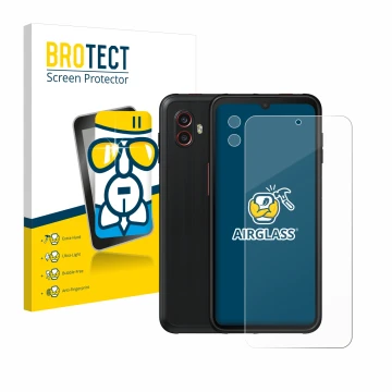 Front side of a product packaging with the brand logo BROTECT. Next to it is the device Samsung Galaxy Xcover 6 Pro (Front+Cam