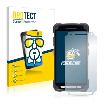 Front side of a product packaging with the brand logo BROTECT. Next to it is the device Janam XT3 shown with the corresponding
