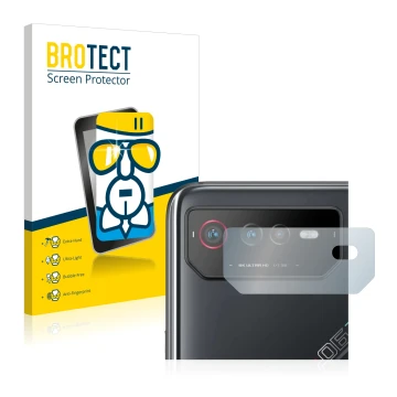 Front side of a product packaging with the brand logo BROTECT. Next to it is the device ASUS ROG Phone 6 (ONLY Camera Lens) sh