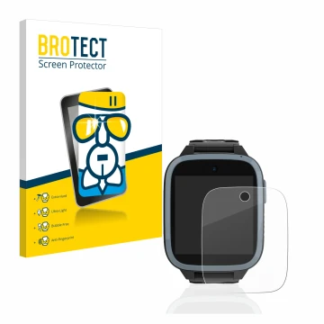 Front side of a product packaging with the brand logo BROTECT. Next to it is the device Xplora XGO3 (1st Gen.) shown with the 