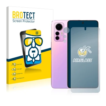 Front side of a product packaging with the brand logo BROTECT. Next to it is the device Xiaomi 12 Lite (Front+Camera) shown wi