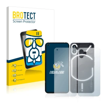 Front side of a product packaging with the brand logo BROTECT. Next to it is the device Nothing Phone (1) (Front+Back) shown w