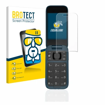 Front side of a product packaging with the brand logo BROTECT. Next to it is the device Nokia 2660 Flip shown with the corresp