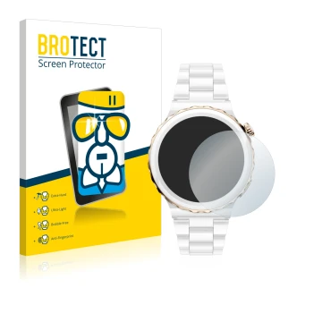 Front side of a product packaging with the brand logo BROTECT. Next to it is the device Huawei Watch GT 3 Pro Ceramic (43mm) s