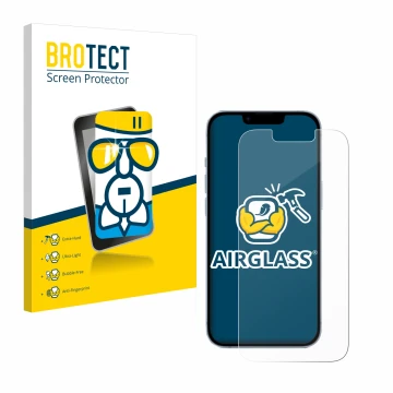 Front side of a product packaging with the brand logo BROTECT. Next to it is the device Apple iPhone 14 shown with the corresp