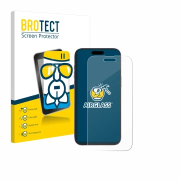 Front side of a product packaging with the brand logo BROTECT. Next to it is the device Apple iPhone 14 Pro Max shown with the