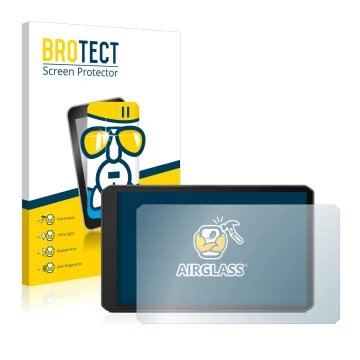 Front side of a product packaging with the brand logo BROTECT. Next to it is the device Garmin dezl LGV710 shown with the corr