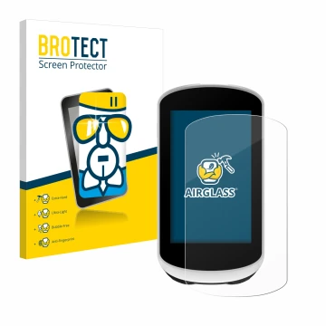 Front side of a product packaging with the brand logo BROTECT. Next to it is the device Garmin Edge Explore 2 shown with the c