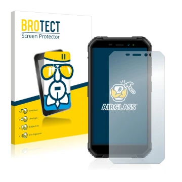 Front side of a product packaging with the brand logo BROTECT. Next to it is the device Ulefone Armor X6 Pro shown with the co