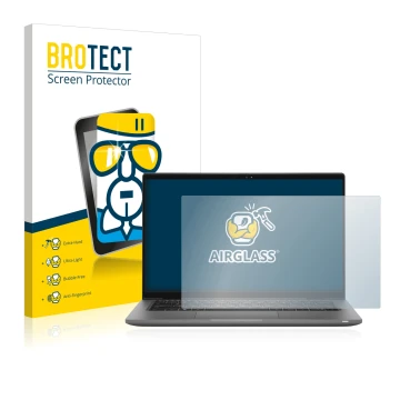 Front side of a product packaging with the brand logo BROTECT. Next to it is the device Dell Latitude 14 7430 shown with the c