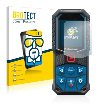 Front side of a product packaging with the brand logo BROTECT. Next to it is the device Bosch GLM 50-27 C shown with the corre