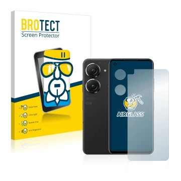 Front side of a product packaging with the brand logo BROTECT. Next to it is the device ASUS ZenFone 9 (Front+Camera) shown wi