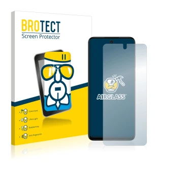Front side of a product packaging with the brand logo BROTECT. Next to it is the device Motorola Moto G32 shown with the corre