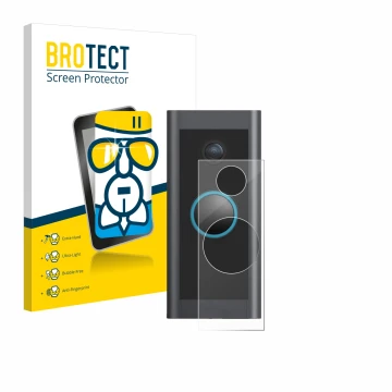 Front side of a product packaging with the brand logo BROTECT. Next to it is the device Ring Video Doorbell Wired shown with t