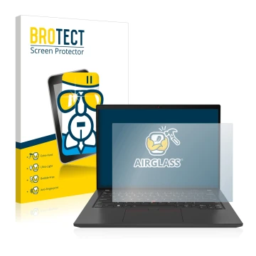 Front side of a product packaging with the brand logo BROTECT. Next to it is the device Lenovo ThinkPad T14 Gen 3 shown with t