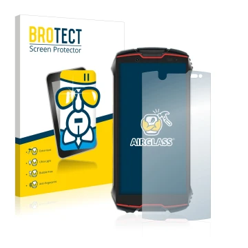 Front side of a product packaging with the brand logo BROTECT. Next to it is the device Cubot King Kong Mini 2 Pro shown with 