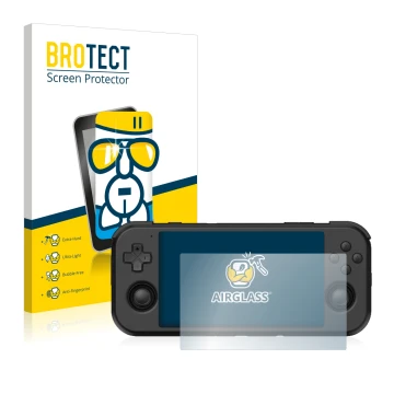 Front side of a product packaging with the brand logo BROTECT. Next to it is the device Retroid Pocket 3 shown with the corres