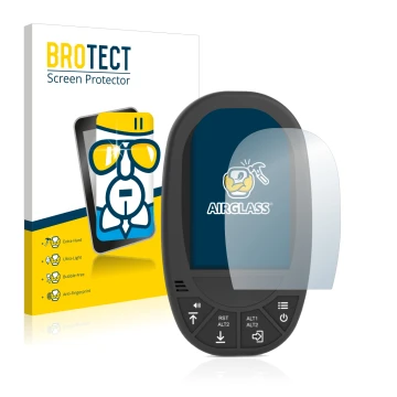 Front side of a product packaging with the brand logo BROTECT. Next to it is the device Flymaster GPS LS shown with the corres