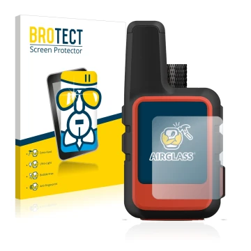 Front side of a product packaging with the brand logo BROTECT. Next to it is the device Garmin inReach Mini 2 shown with the c