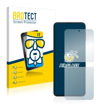 Front side of a product packaging with the brand logo BROTECT. Next to it is the device Samsung Galaxy Z Flip 4 shown with the