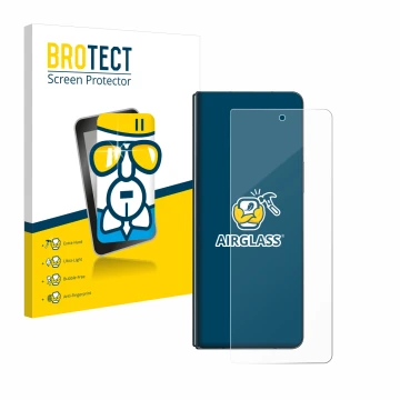 Front side of a product packaging with the brand logo BROTECT. Next to it is the device Samsung Galaxy Z Fold 4 shown with the