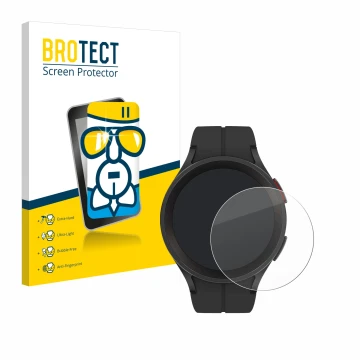 Front side of a product packaging with the brand logo BROTECT. Next to it is the device Samsung Galaxy Watch 5 Pro shown with 