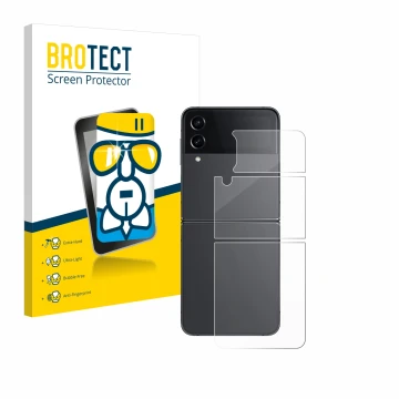 Front side of a product packaging with the brand logo BROTECT. Next to it is the device Samsung Galaxy Z Flip 4 (Back) shown w