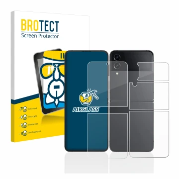 Front side of a product packaging with the brand logo BROTECT. Next to it is the device Samsung Galaxy Z Flip 4 (Front+Back) s