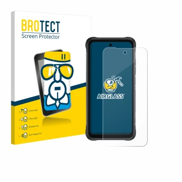 Front side of a product packaging with the brand logo BROTECT. Next to it is the device Umidigi Bison 2 Pro shown with the cor