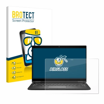Front side of a product packaging with the brand logo BROTECT. Next to it is the device Dell Latitude 7390 2-in-1 Business sho