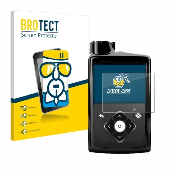 Front side of a product packaging with the brand logo BROTECT. Next to it is the device Medtronic Minimed 780G shown with the 