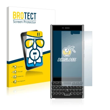 Front side of a product packaging with the brand logo BROTECT. Next to it is the device Unihertz Titan Slim shown with the cor